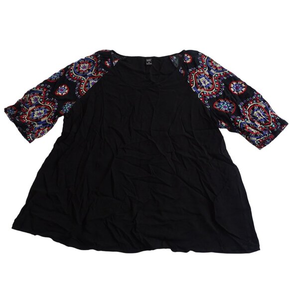 Emery Rose Black Tunic Top Women Size XL Colorful Printed Short Sleeves Boho - Picture 1 of 8